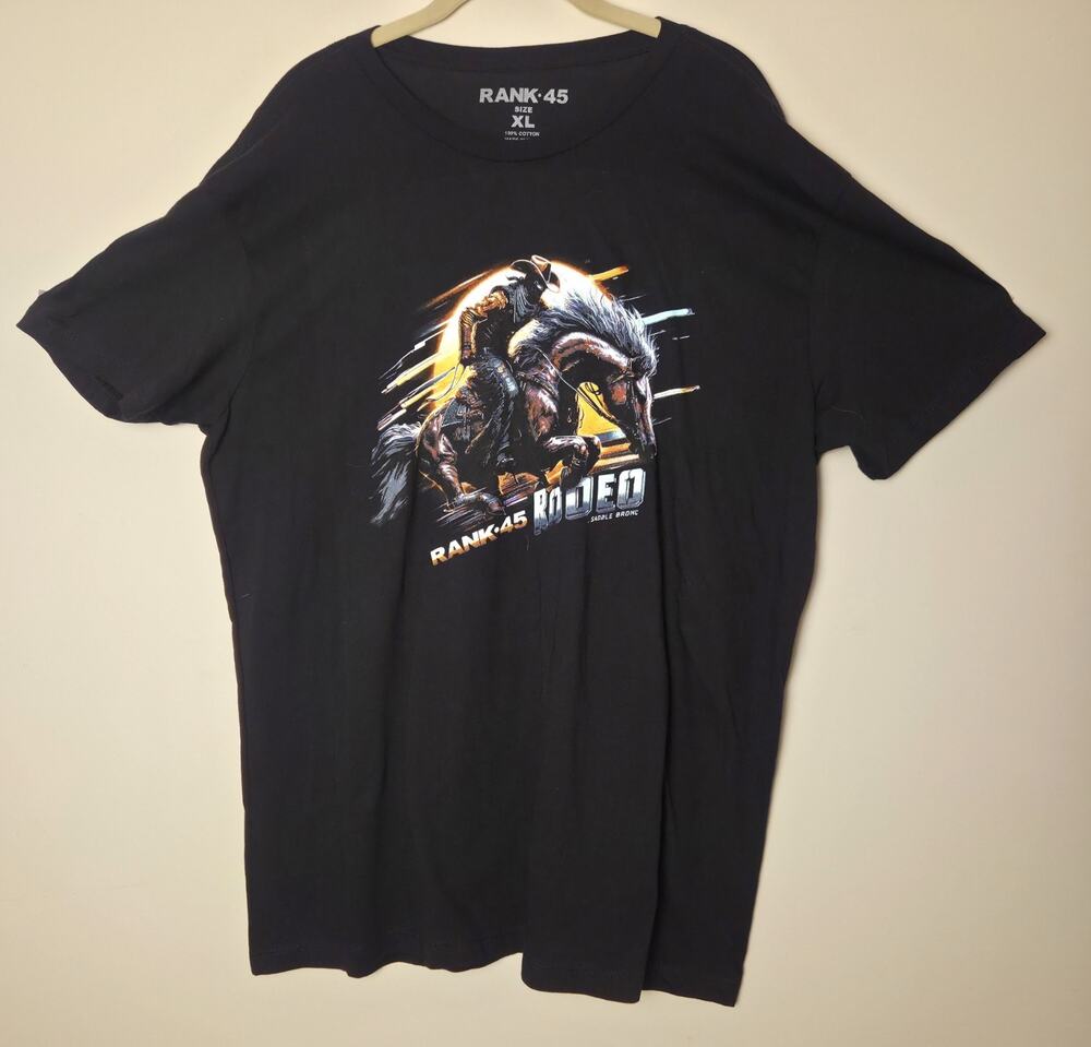 RANK 45 Men's Bronc Lightning Short Sleeve Graphic T-Shirt Black Cotton Size XL